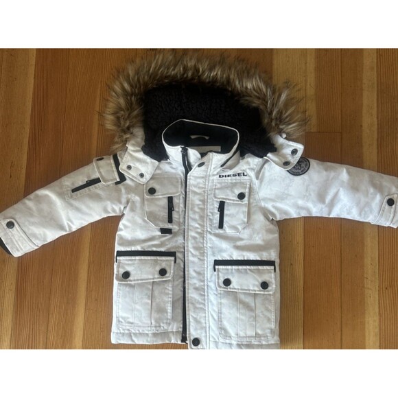 Diesel Boys Jacket Lt Gray Camo Puffer Parka w/Fur Trim Sz 4 Warm Cargo Pockets - Picture 9 of 12